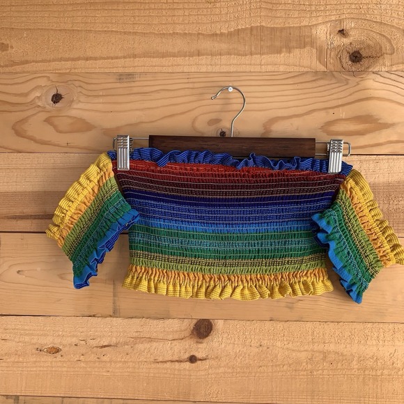 Forever 21 M Off Shoulder Top Cropped Bandeau Rainbow Festival‎ Fairycore Ruffle - Picture 2 of 4